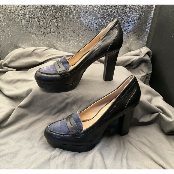 Nine West  Black With Blue Suede Stiletto Block Heel WN BADGET J 7M~Gently Used - Picture 1 of 9